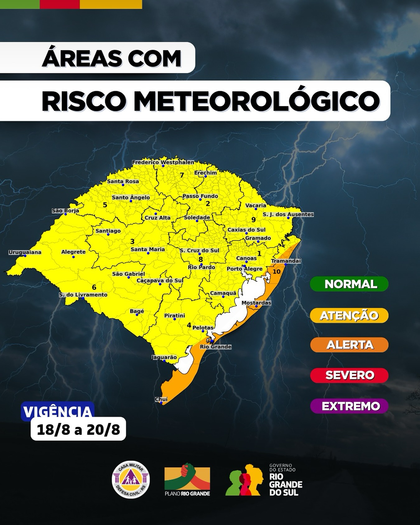Defesa Civil alerta para áreas com risco meteorológico