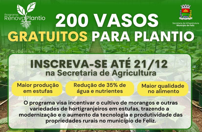 Programa Renova Plantio repassa 11 mil vasos para cultivo, a 55 produtores felizenses.