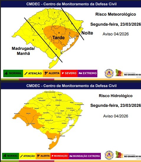 Defesa Civil alerta para risco de temporal na segunda-feira