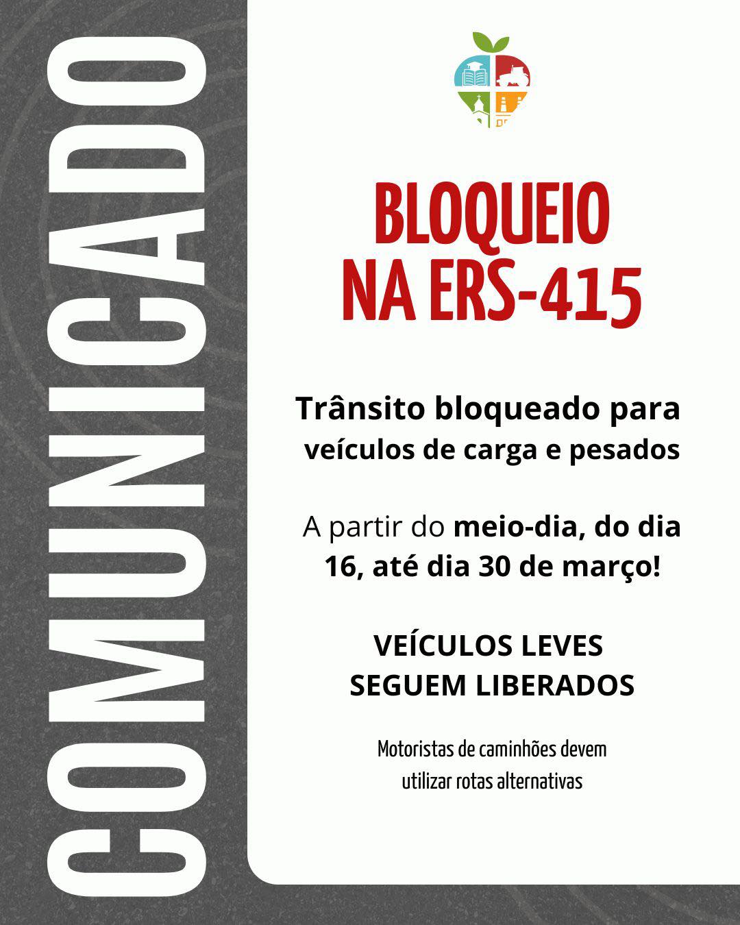 ERS-415 terá bloqueio para caminhões entre Bom Princípio e Tupandi