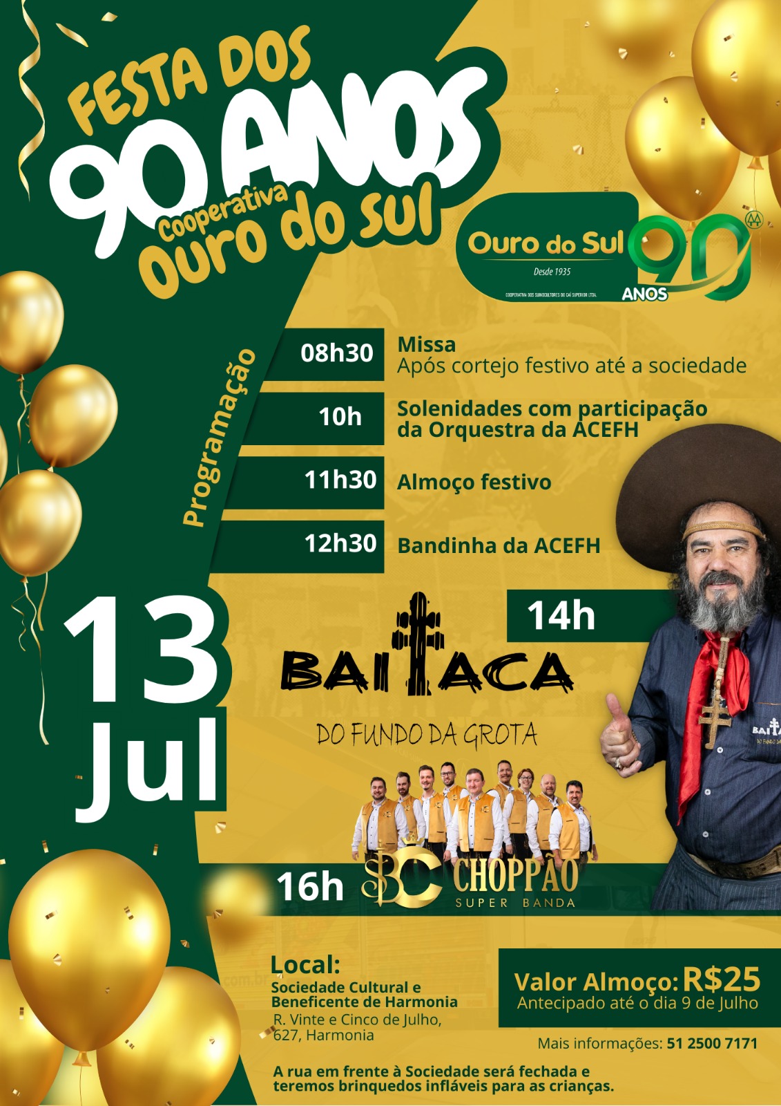 Festa dos 90 anos da Cooperativa Ouro do Sul ocorre neste domingo