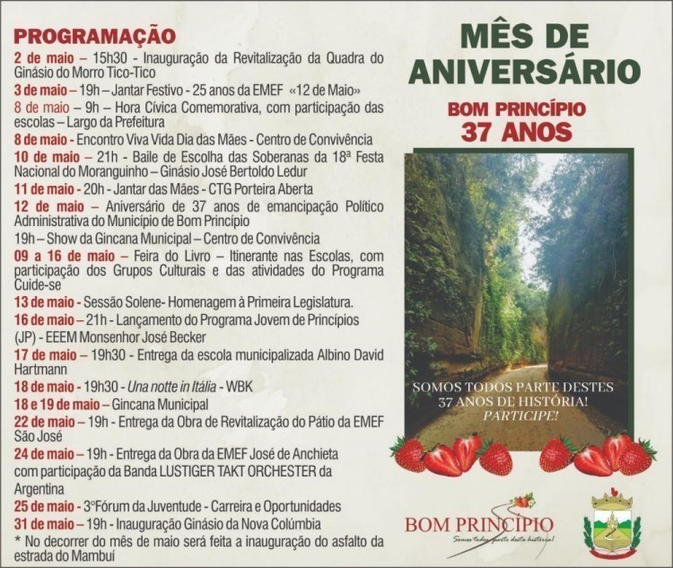 Divulgada a programação de aniversário de Bom Princípio