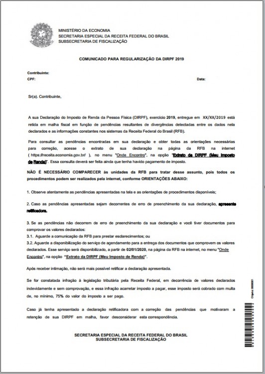 Receita envia cartas a contribuintes com pendências na declaração do Imposto de Renda