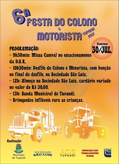 Festa do Colono e Motorista acontecerá domingo, dia 30, em Tupandi